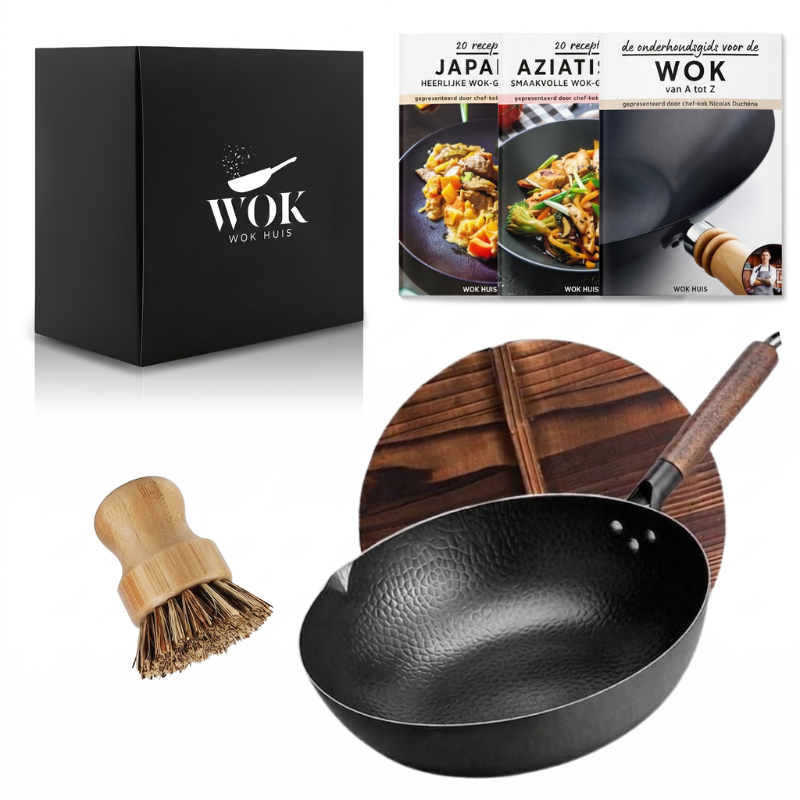 Le Nemiro complete wok set koolstofstaal vooraanzicht