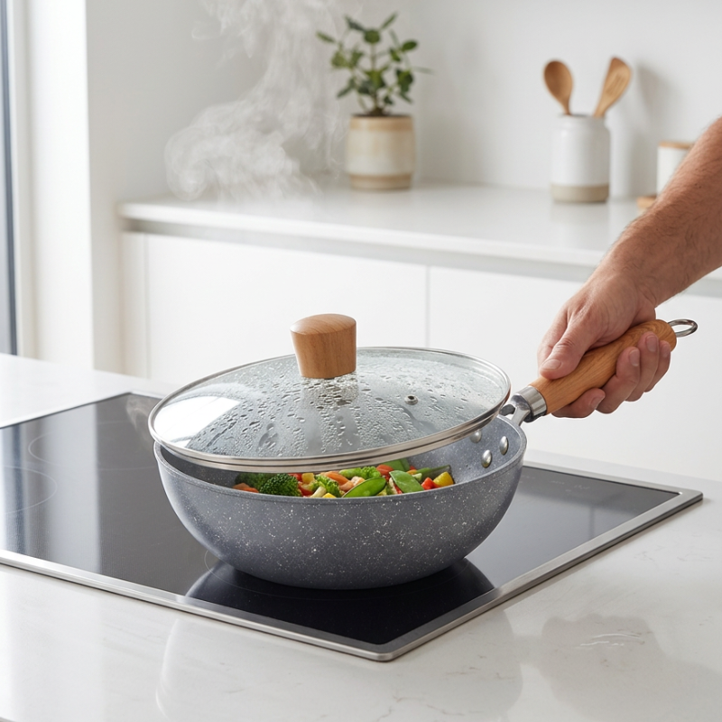 Le Sanome complete set mini wok inductie gebruiksklaar op tafel