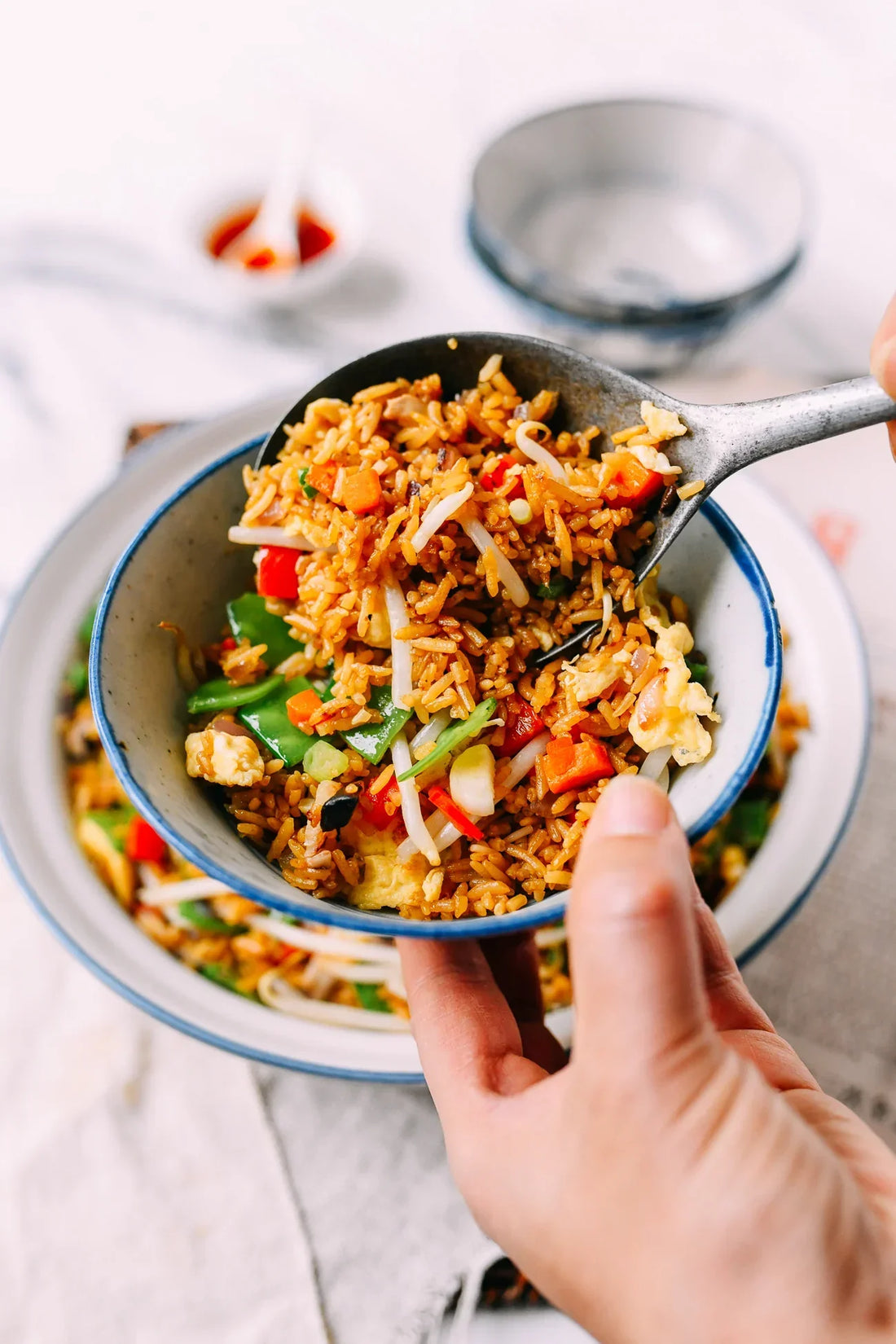 Gebakken rijst met groenten, ei en taugé in een wok