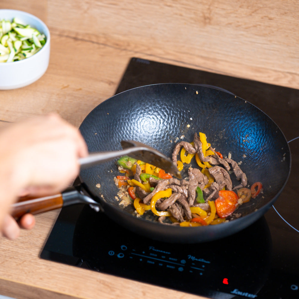 Le Shirane professionele koolstofstaal wok houten deksel en verpakking