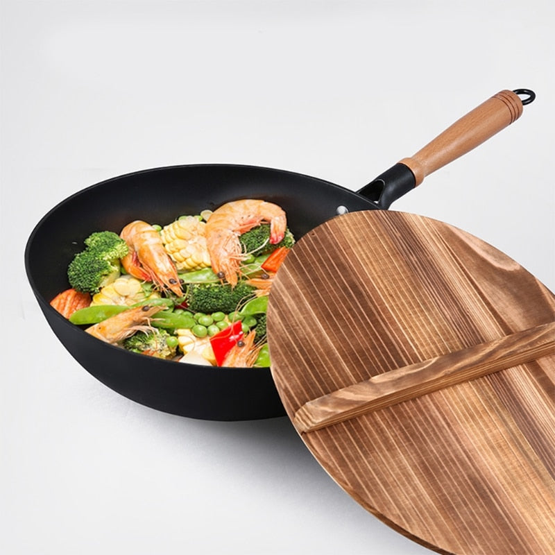 Le Ginsa houten deksel voor wok met natuurlijk hout handvat, detailopname