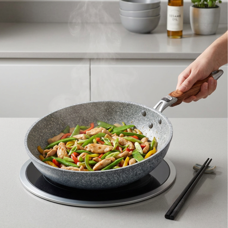Le Yukano aluminium keramische wokpan inductie zijaanzicht ergonomisch