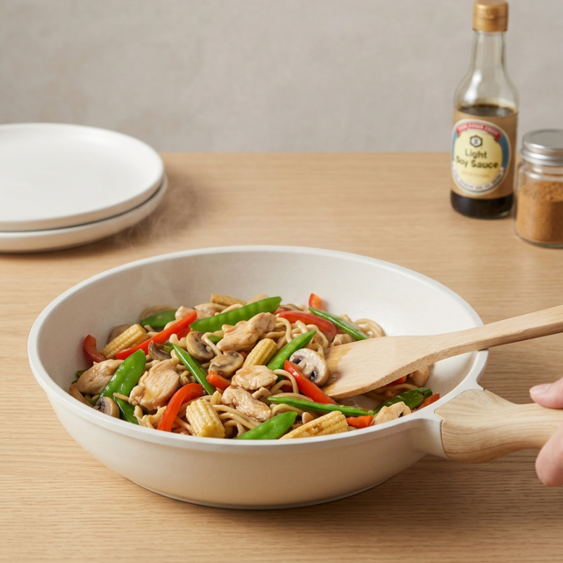 Le Sorimi wok keramische antiaanbaklaag roerbakken met verse ingrediënten