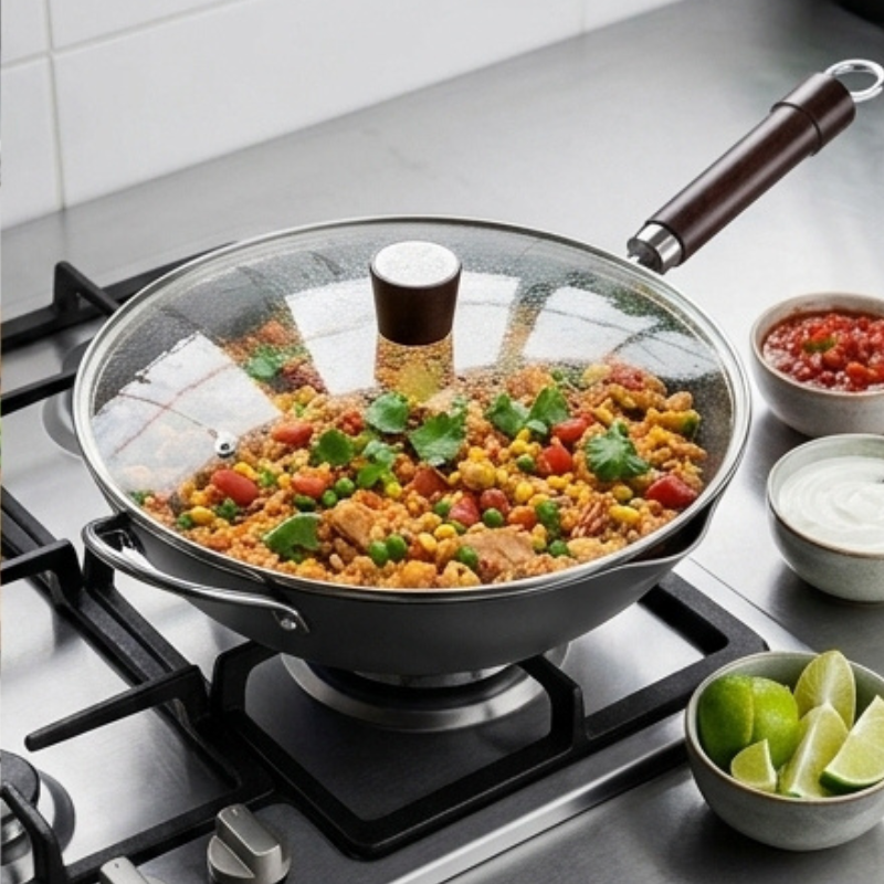 Le Sayumi wok zonder inbranden reinigen onder stromend water