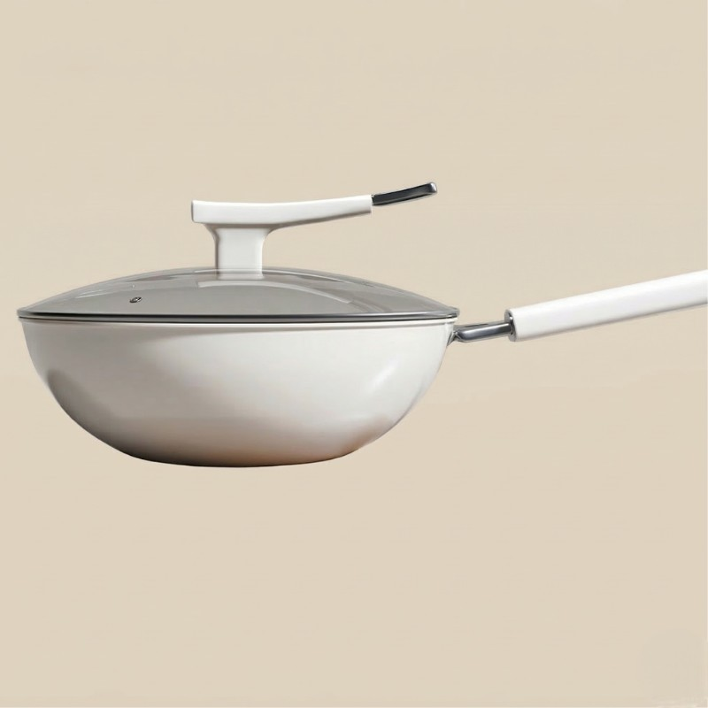 Le Rinoka keramische wok met glazen deksel handvatdetail