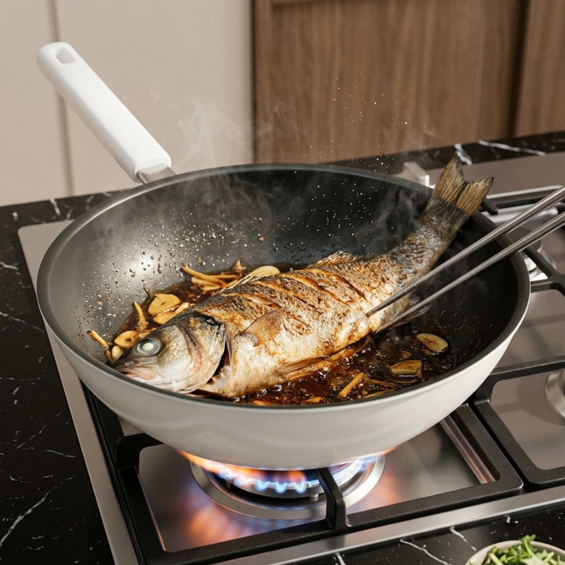 Le Rinoka keramische wok met glazen deksel inductiebodem detail