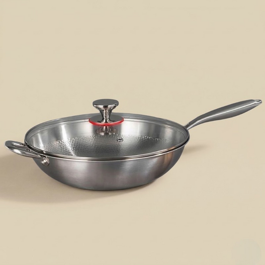 Le Honari rvs wok met glazen deksel vooraanzicht compleet