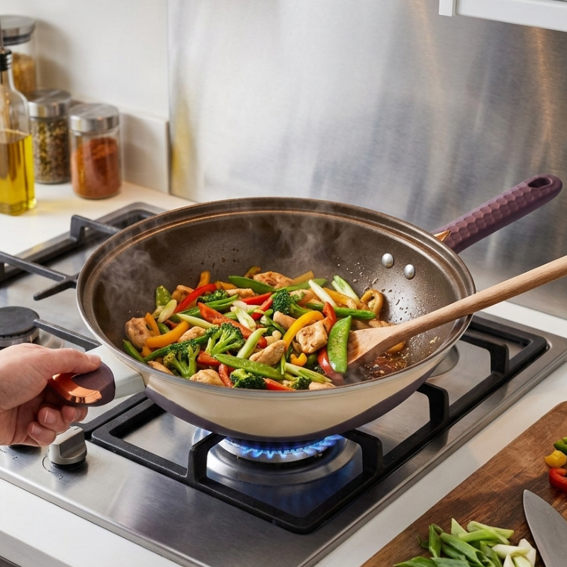 Le Kasuna wok pan met deksel roerbakken groenten in actie