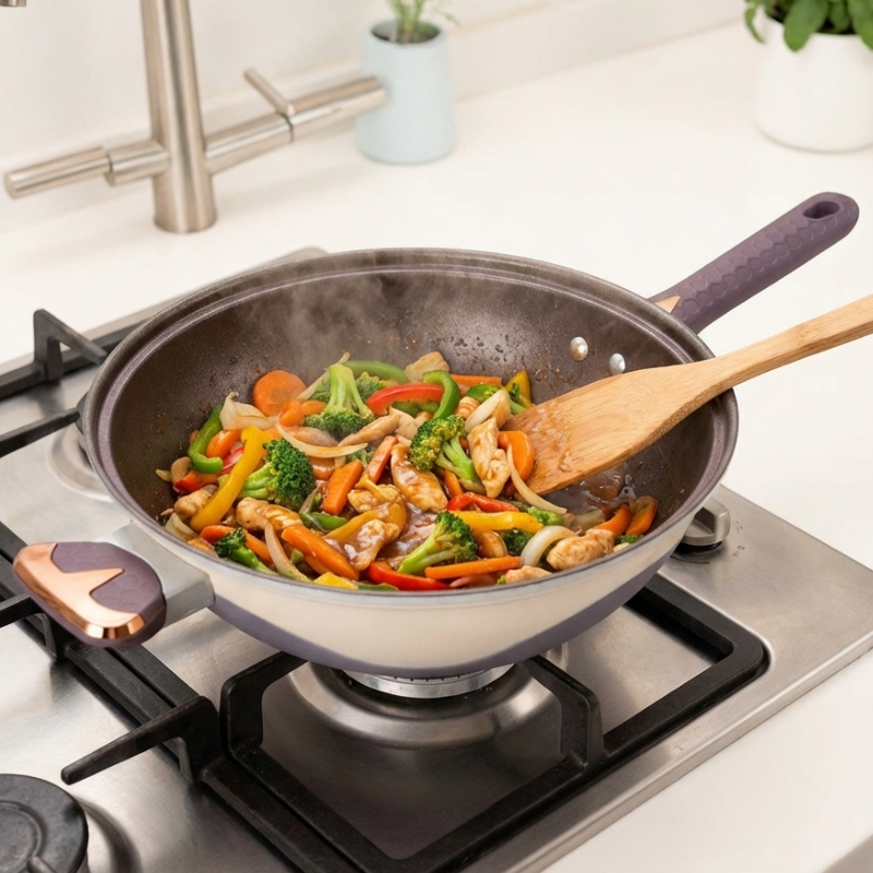 Le Kasuna wok pan met deksel sfeervolle keukenpresentatie