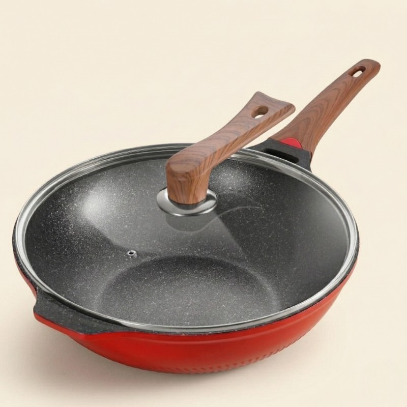 Le Murano wok met deksel pfas vrij vooraanzicht compleet
