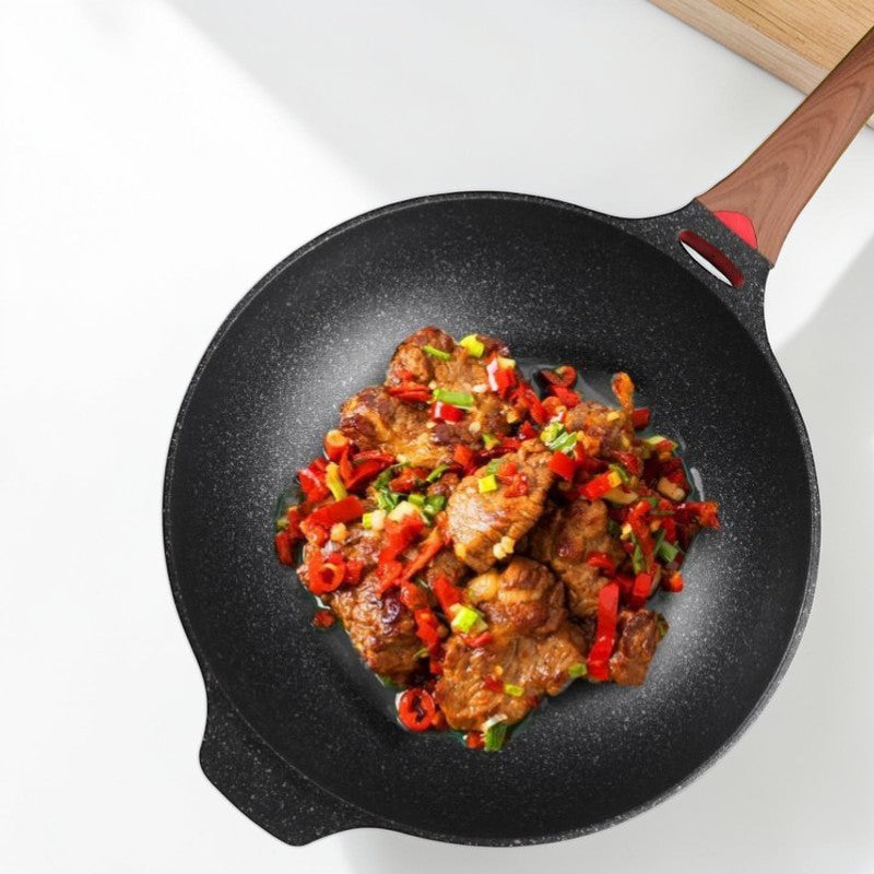 Le Murano wok met deksel pfas vrij verpakking en inhoud