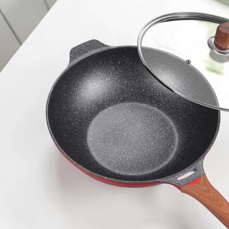 Le Murano pfas vrije wok met glazen deksel zijdelings aanzicht