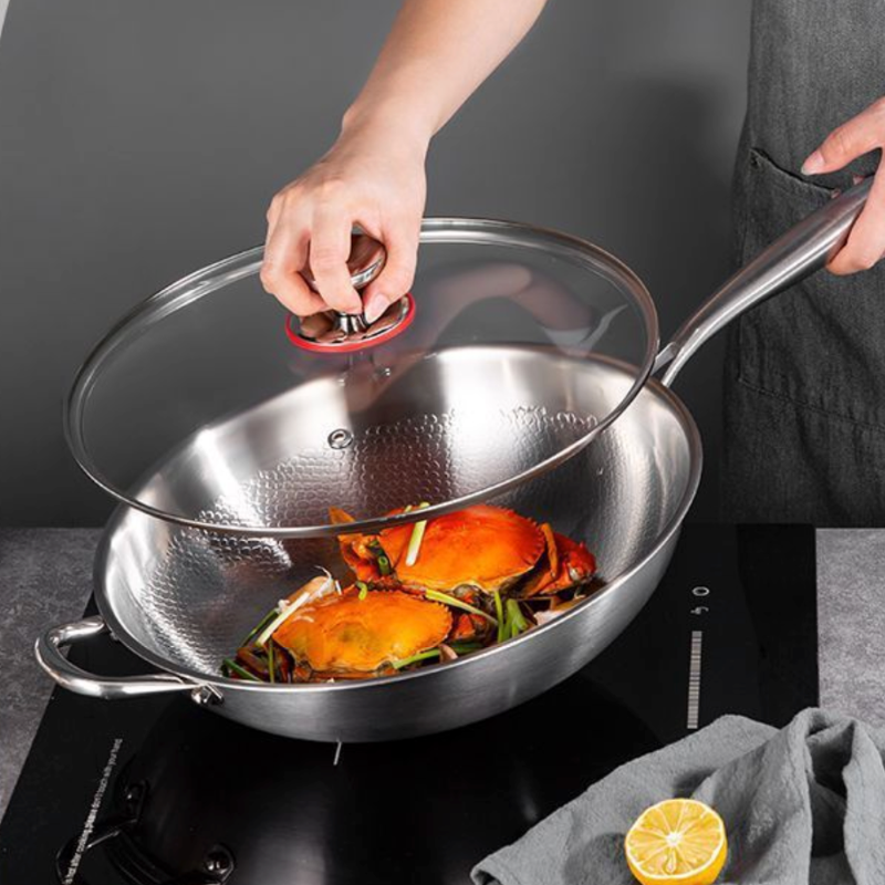 Le Honari rvs wok met glazen deksel maten en afmetingen