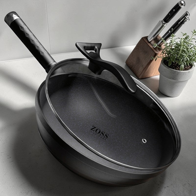 Le Takino zwart aluminium wok deksel glazen bovenaanzicht