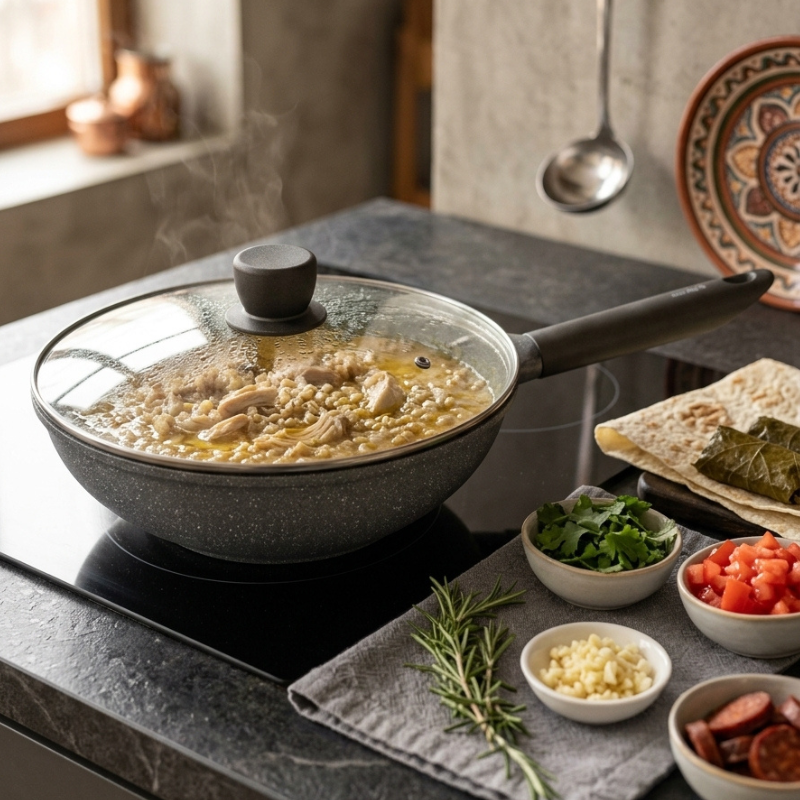 Le Misari wok met deksel op inductiekookplaat tijdens het koken