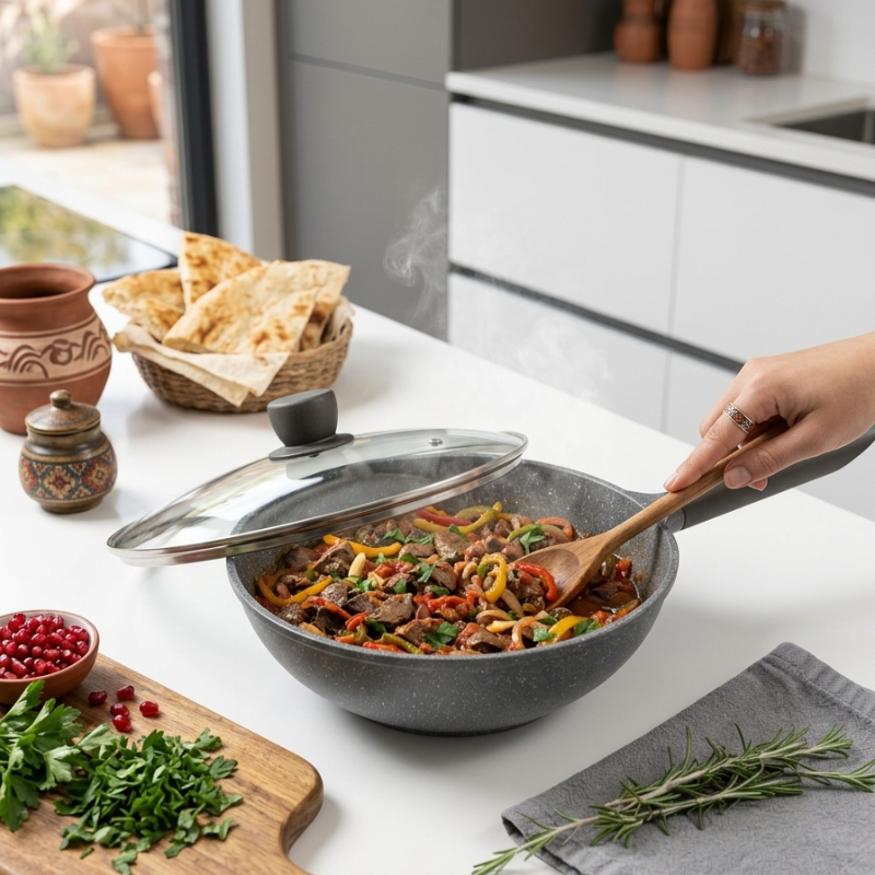 Le Misari wok met deksel inductie, zijaanzicht zonder deksel