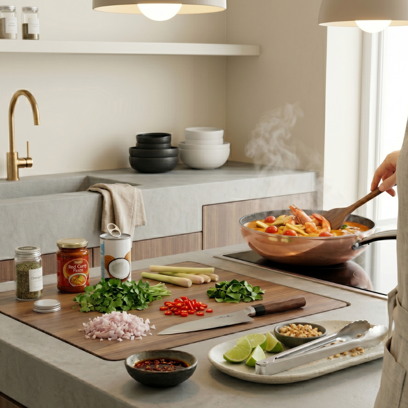 Le Monska koperen keramische wok – close-up stevig bakeliet handvat