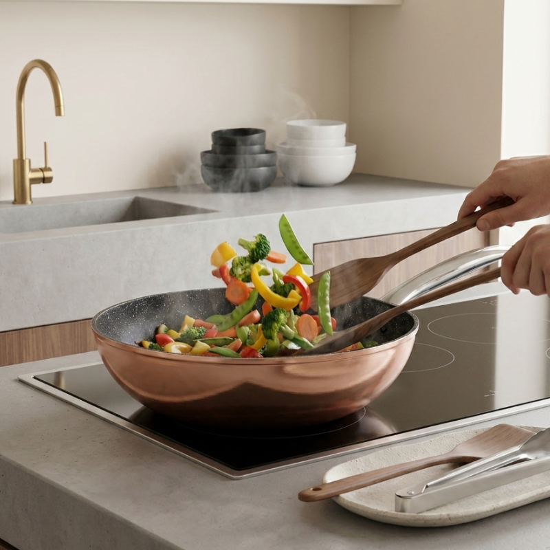 Le Monska koperen keramische wok – binnenlaag keramisch coating detail