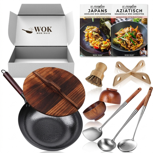 Le Sukimo stalen wok set compleet met accessoires vooraanzicht
