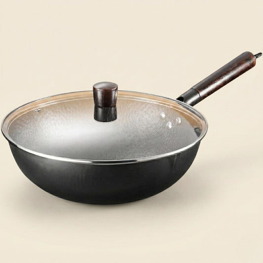 Le Haku koolstofstaal wok 32 cm geschikt voor inductie, vooraanzicht