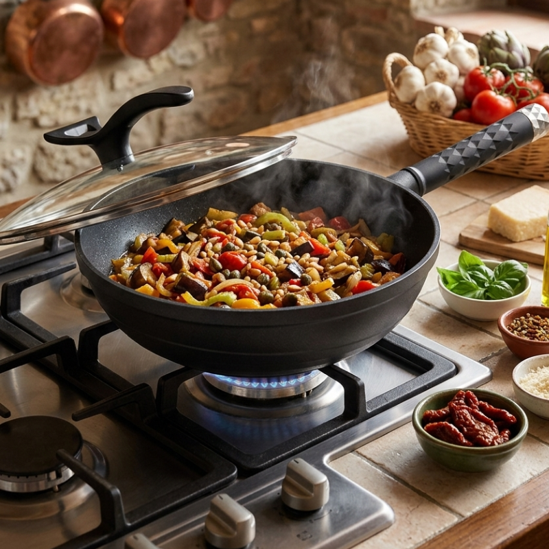 Le Takino zwart aluminium wok deksel detail apart afgebeeld