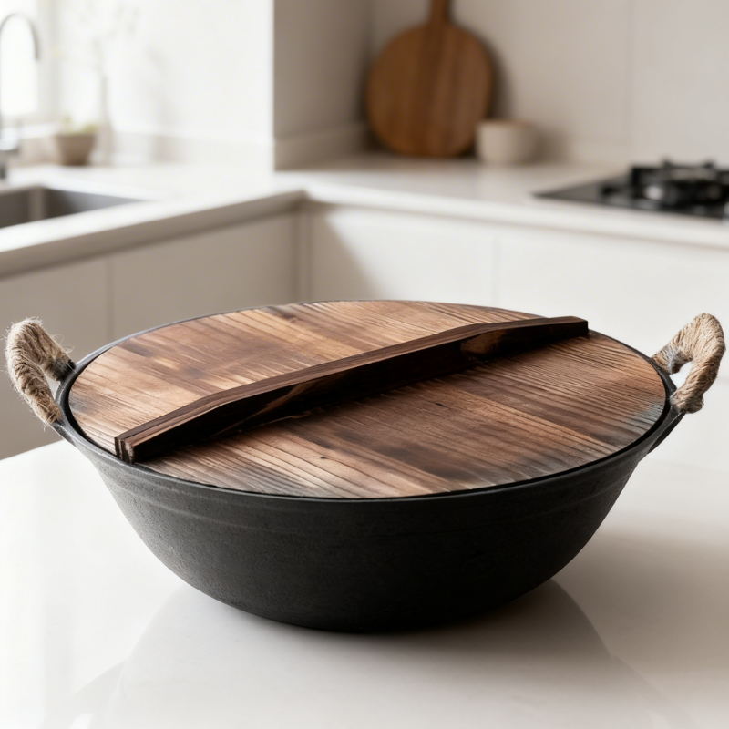 Le Ontake gietijzeren wok 32 cm met houten deksel in doos met toebehoren