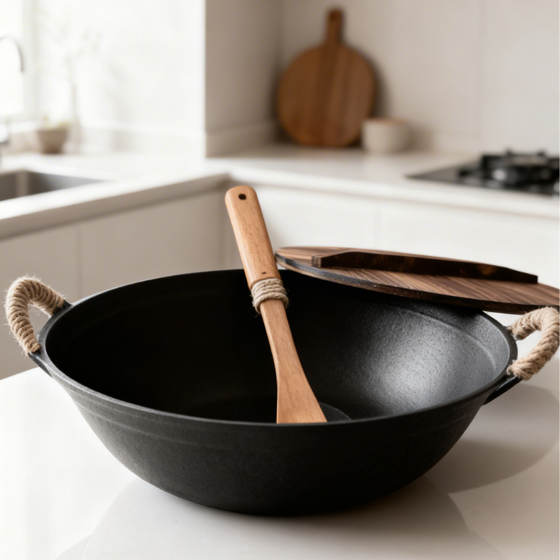 Le Ontake gietijzeren wok 32 cm met houten deksel in verschillende maten