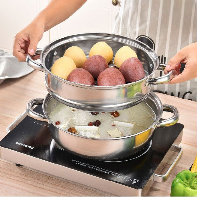 Le Senami rvs wok stoompan set deksel van bovenaf