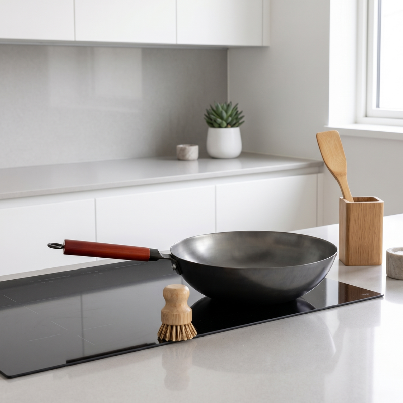 Le Sahami wok set cadeau detailopname materiaal en handvat