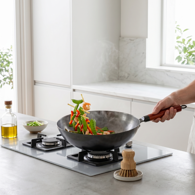 Le Sahami complete wok set cadeau in gebruik op kookplaat