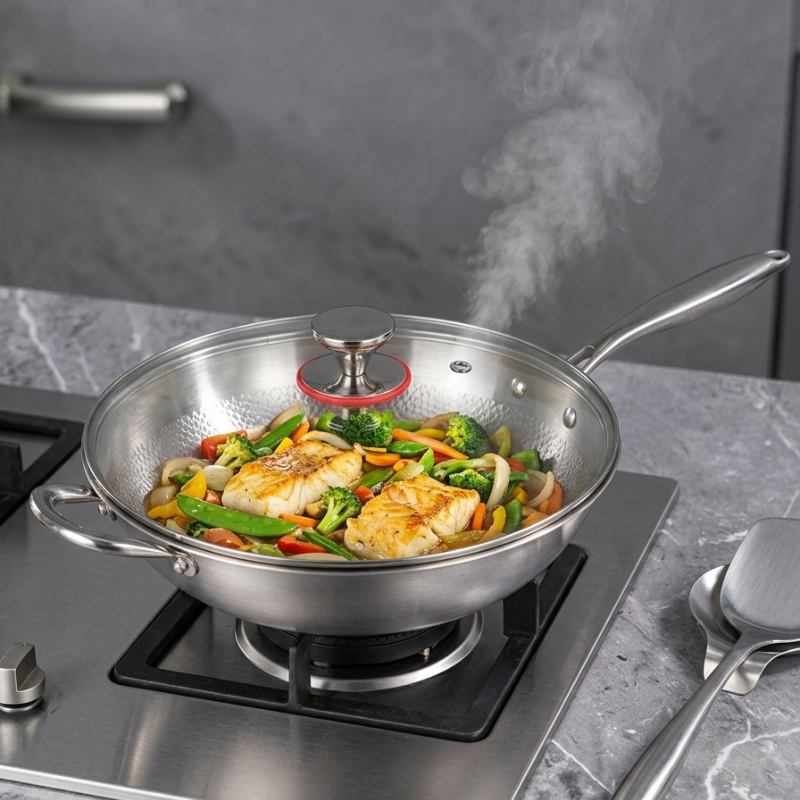 Le Honari rvs wok met glazen deksel roerbakken in gebruik