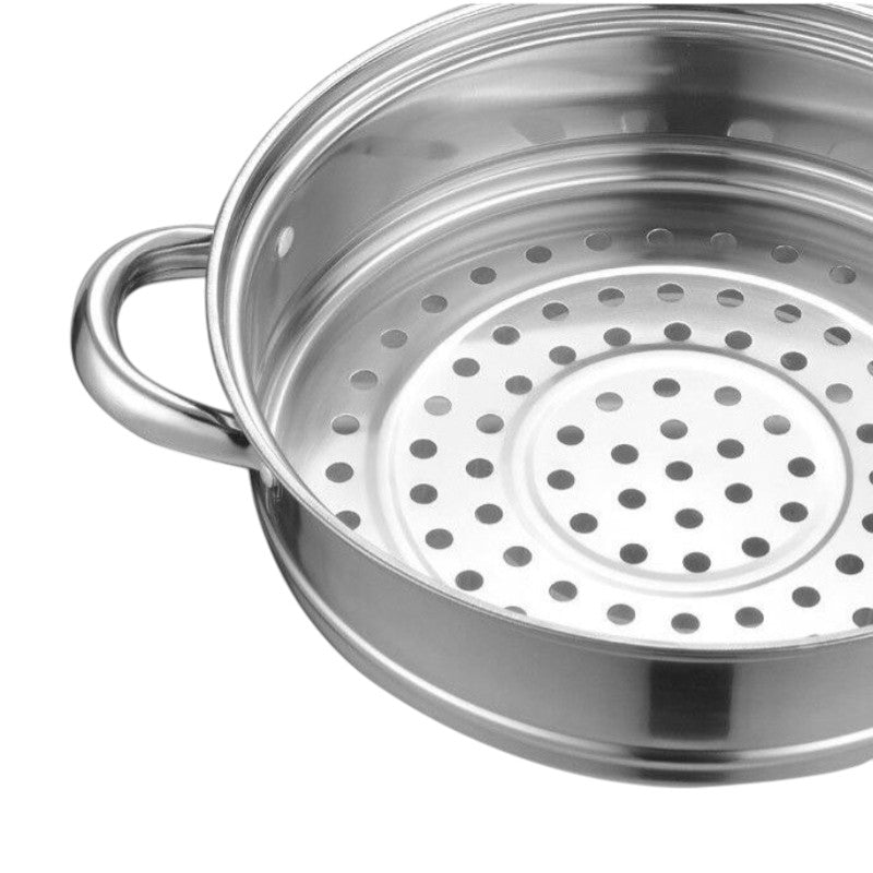 Le Senami rvs wok stoompan set glanzend materiaal close-up