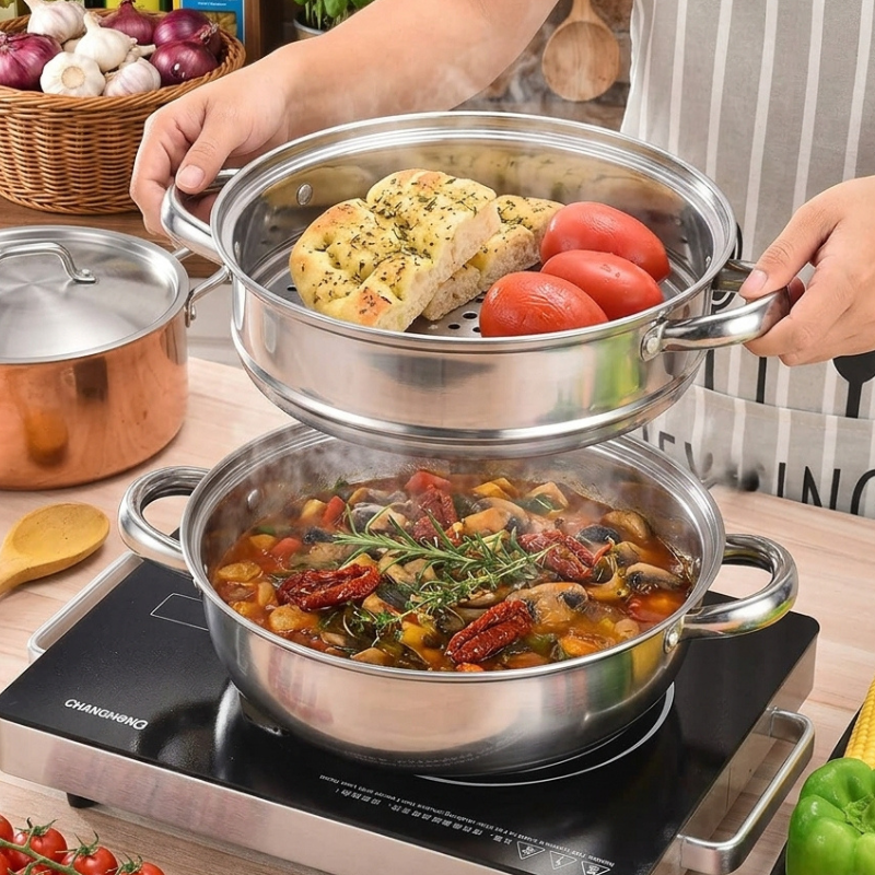 Le Senami rvs wok stoompan set inductiebodem detail