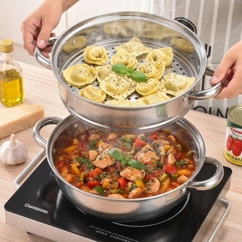 Le Senami rvs wok stoompan set met groenten bereid gerecht