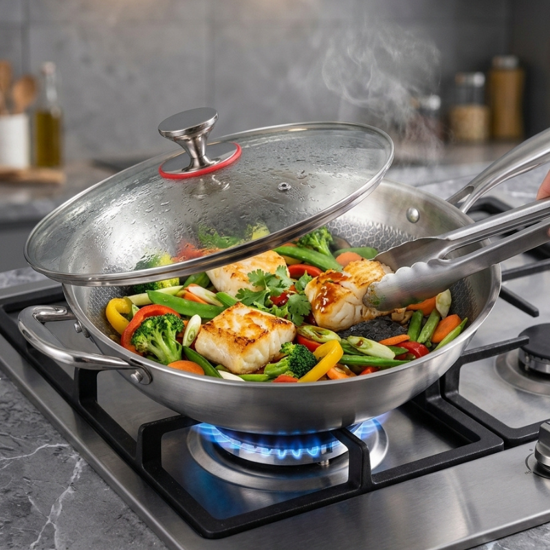 Le Honari rvs wok met glazen deksel glanzend staal close-up