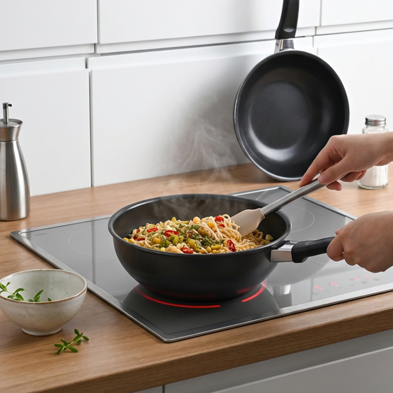 Le Yorimi gietijzeren wok bodemdetail met vlakke inductiebodem