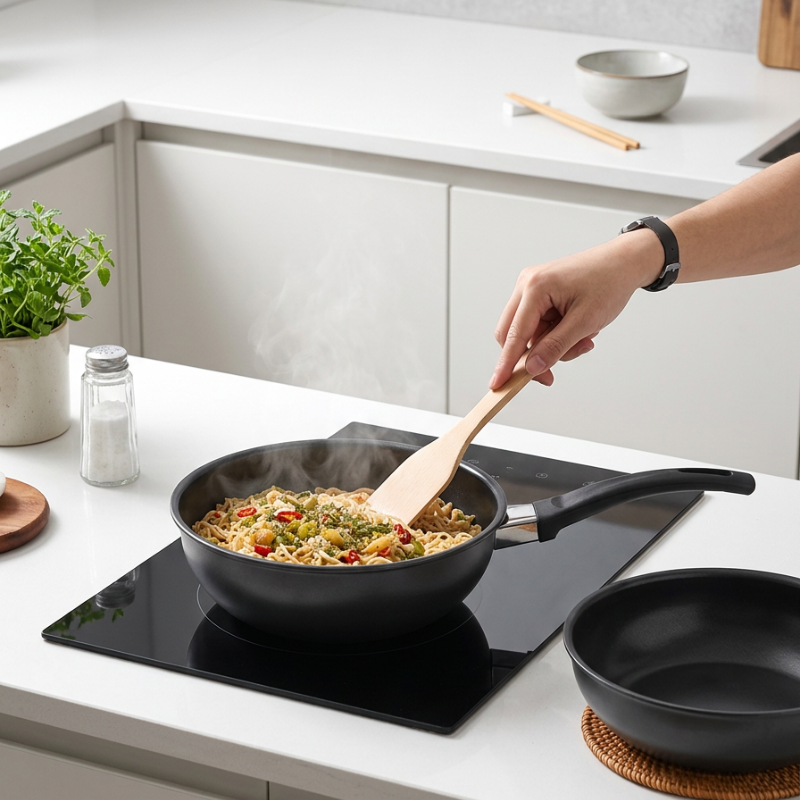 Le Yorimi kleine gietijzeren wok naast houten wokspatel