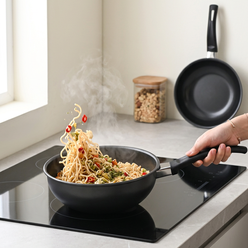 Le Yorimi kleine gietijzeren wok klaar voor gebruik op aanrecht