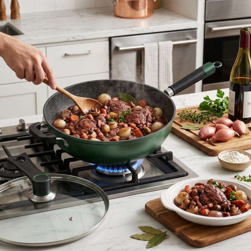 Le Nakimi groene wok inductie, bodem anticondens coating in detail