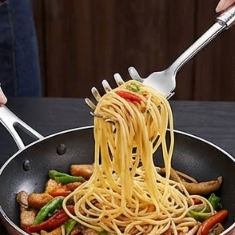 Le Yamiro rvs wok gereedschap set in gebruik op gasbrander