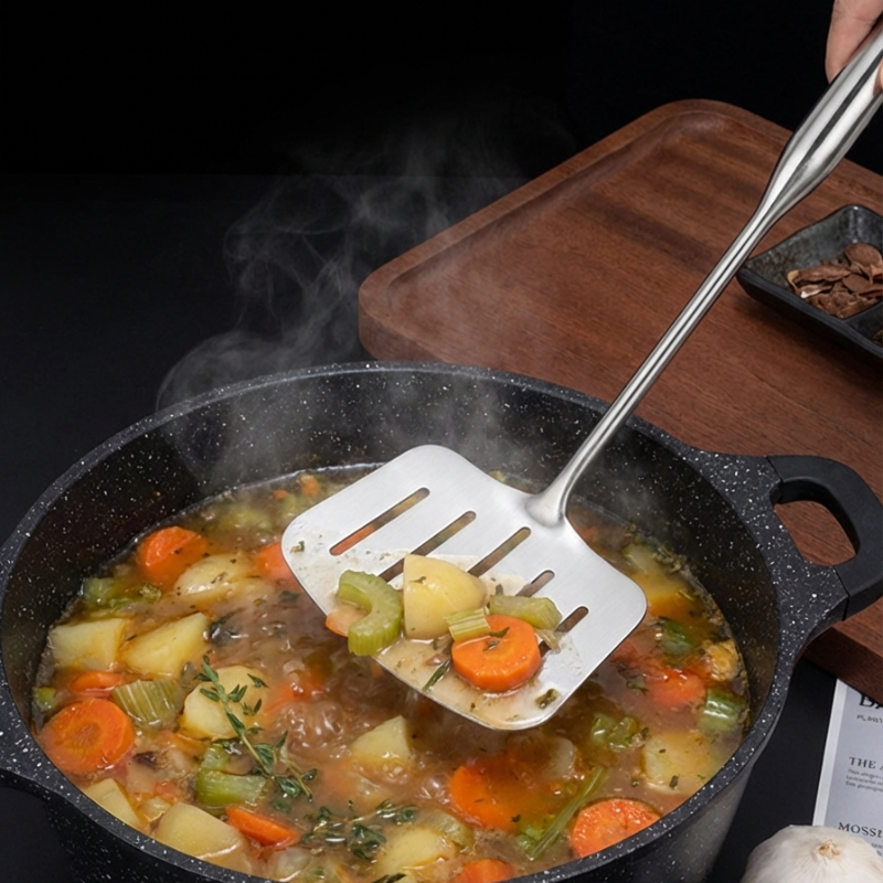 Le Mishio roestvrij stalen wok spatel opbergruimte haak detail