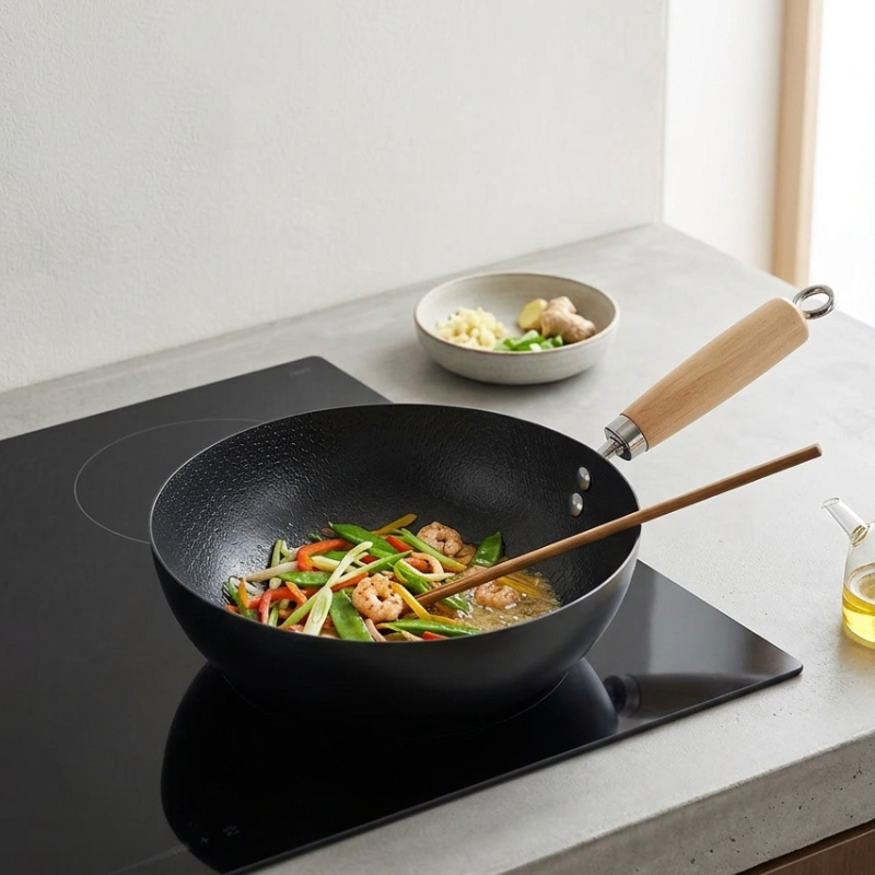 Le Hokira kleine smeedijzeren wok tijdens roerbakken met houten spatel
