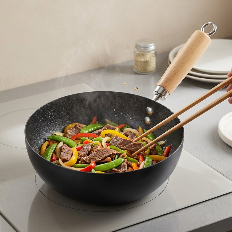Le Hokira kleine smeedijzeren wok ingebrand en gebruiksklaar