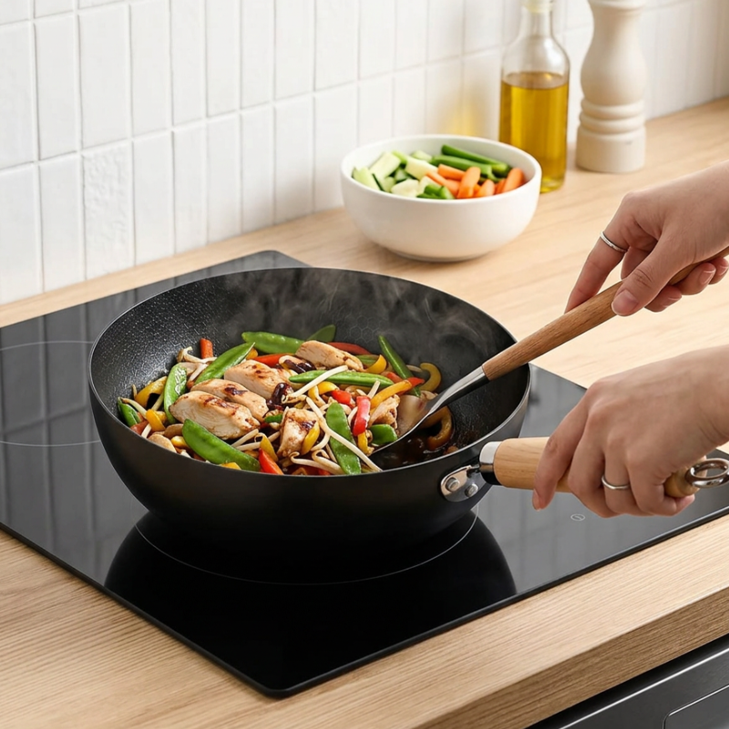 Le Hokira kleine smeedijzeren wok op aanrecht naast verse ingrediënten