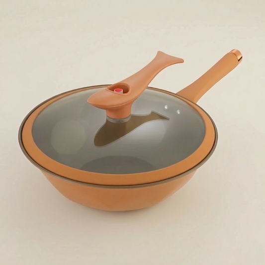Le Mitano wok met deksel 32 cm vooraanzicht zwart gecoat staal