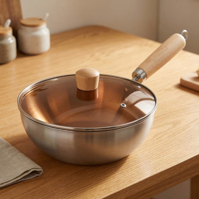Le Nuriko rvs wok 20 cm op inductiekookplaat tijdens het koken