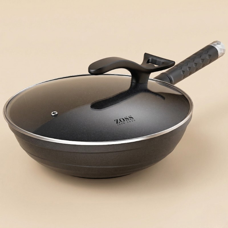 Le Takino zwart aluminium wok met deksel vooraanzicht