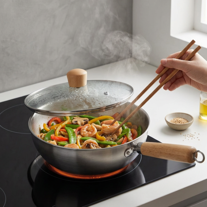 Le Nuriko maatindicatie 20 cm diameter rvs wok met liniaal