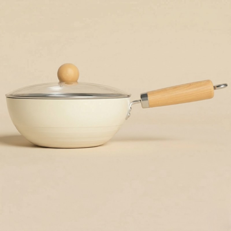 Le Tehana aluminium wok met keramische coating handvatdetail close-up