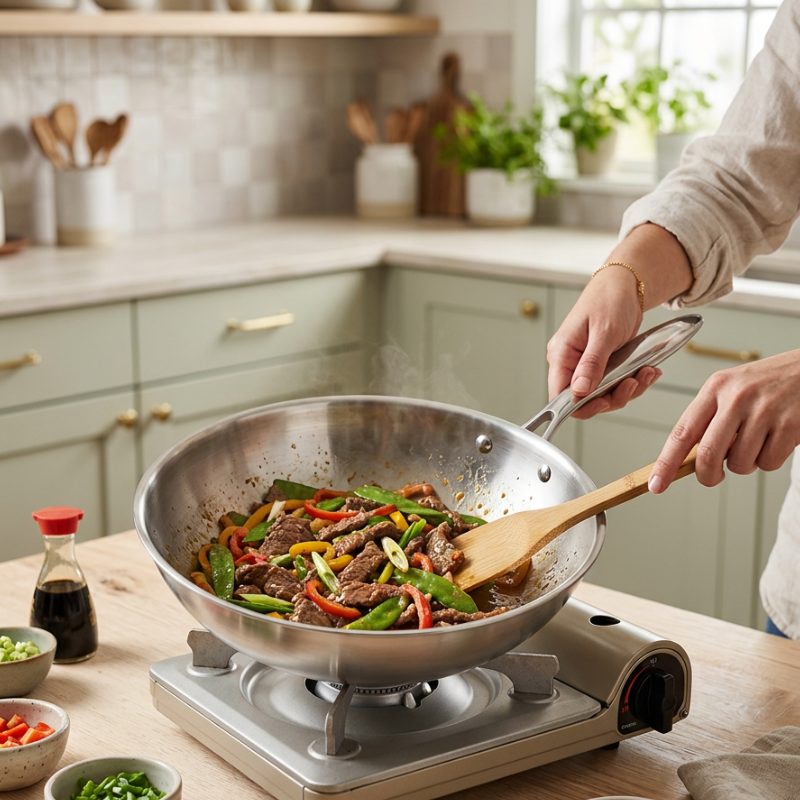 Le Nasumi stalen wok geschikt voor inductie close-up van het handvat